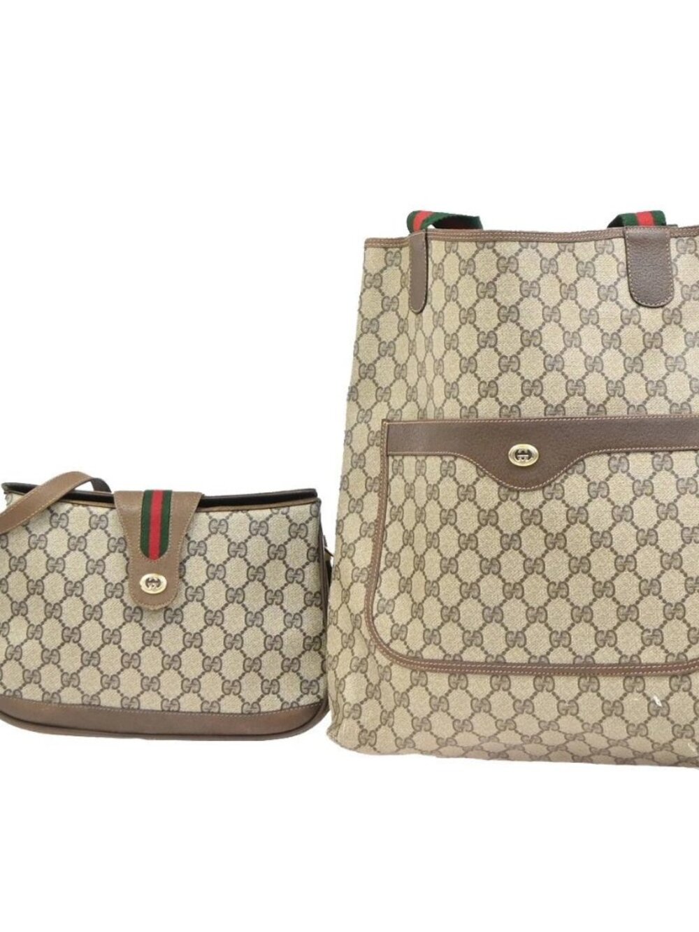 GUCCI Logo Sherry GG Pattern 2set Shoulder Hand Bag PVC Leather Beige 86KC963